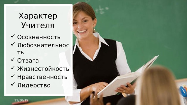 Характер Учителя Осознанность Любознательность Отвага Жизнестойкость Нравственность Лидерство 11/30/19 