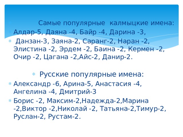 Самые популярные калмыцкие имена: Алдар-5, Даяна -4, Байр -4, Дарина -3,  Данзан-3, Заяна-2, Саранг-2, Наран -2, Элистина -2, Эрдем -2, Баина -2, Кермен -2, Очир -2, Цагана -2,Айс-2, Данир-2. Русские популярные имена: Александр -6, Арина-5, Анастасия -4, Ангелина -4, Дмитрий-3 Борис -2, Максим-2,Надежда-2,Марина -2,Виктор -2,Николай -2, Татьяна-2,Тимур-2, Руслан-2, Рустам-2. 