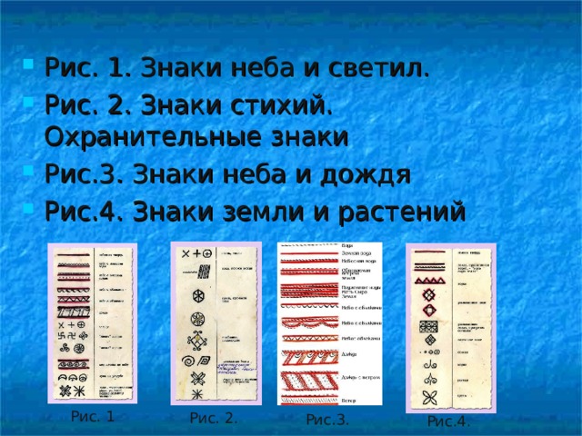 Рис. 1. Знаки неба и светил. Рис. 2. Знаки стихий. Охранительные знаки Рис.3. Знаки неба и дождя Рис.4. Знаки земли и растений   Рис. 1 Рис. 2. Рис.3. Рис.4. 