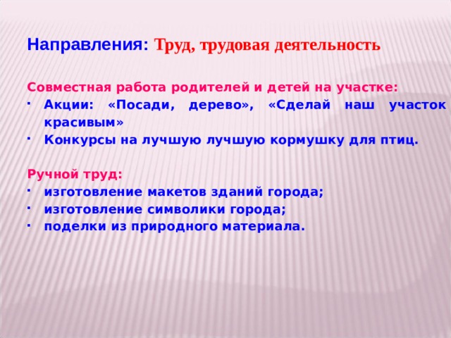 Направления: Труд, трудовая деятельность Совместная работа родителей и детей на участке: Акции: «Посади, дерево», «Сделай наш участок красивым» Конкурсы на лучшую лучшую кормушку для птиц.  Ручной труд: изготовление макетов зданий города; изготовление символики города; поделки из природного материала.  