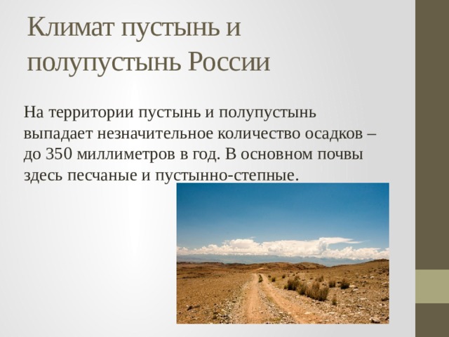 Климат пустынь и полупустынь России На территории пустынь и полупустынь выпадает незначительное количество осадков – до 350 миллиметров в год. В основном почвы здесь песчаные и пустынно-степные. 