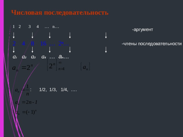 Числовая последовательность 1   2  3  4  …  n … -аргумент 2  4  8  16  …  2 ⁿ… -члены последовательности а 1  а 2  а 3   а 4  …  а n … :  1/2, 1/3, 1/4, …. 