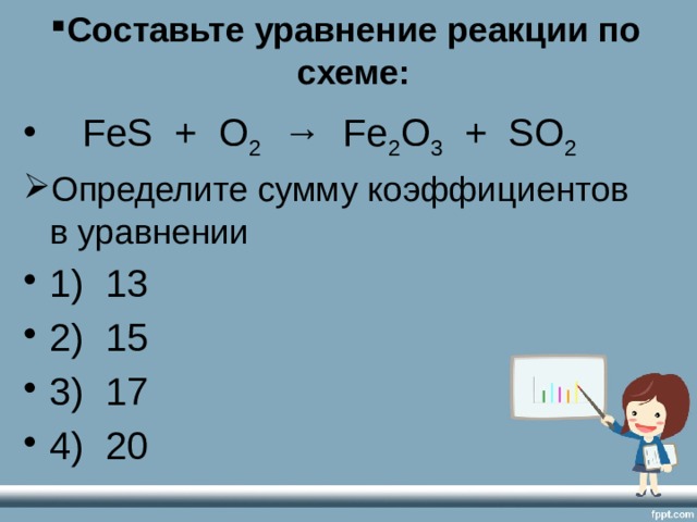 Сумма всех коэффициентов в уравнении реакции схема которой со о2 со2 равна