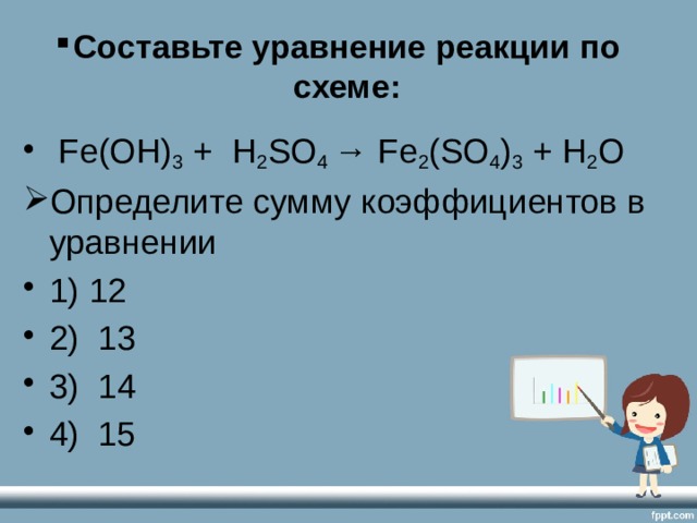 Сумма всех коэффициентов в уравнении реакции схема которой n2 h2 nh3 равна