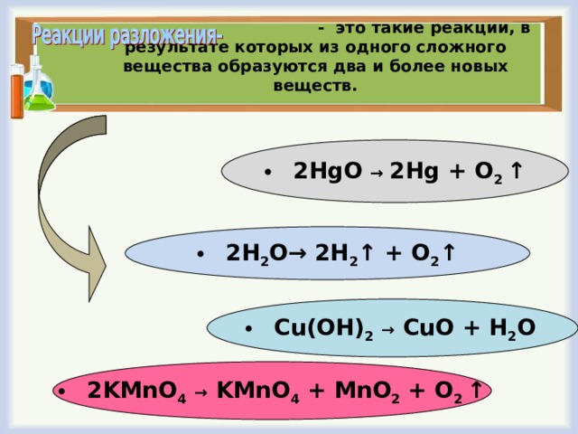  - это такие реакции, в результате которых из одного сложного вещества образуются два и более новых веществ.    2 HgO → 2Hg + O 2 ↑ 2H 2 O→ 2H 2 ↑ + O 2 ↑ Cu(OH) 2  → CuO + Н 2 О  2KMnO 4  → KMnO 4 + MnO 2 + O 2 ↑ 