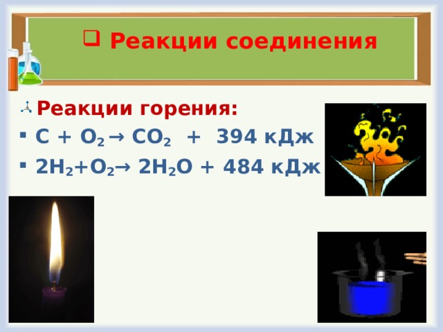 Реакции соединения Реакции горения: С + O 2 → С O 2  + 394 кДж 2Н 2 +О 2 → 2Н 2 О + 484 кДж  