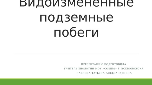 Видоизмененные подземные побеги Презентацию подготовила учитель биологии МОУ «СОШ№5» г. Всеволожска Павлова татьяна Александровна 