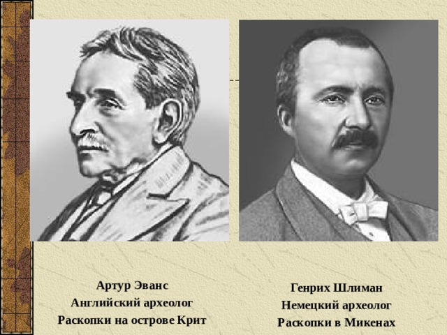 Артур Эванс Английский археолог Раскопки на острове Крит Генрих Шлиман Немецкий археолог Раскопки в Микенах 