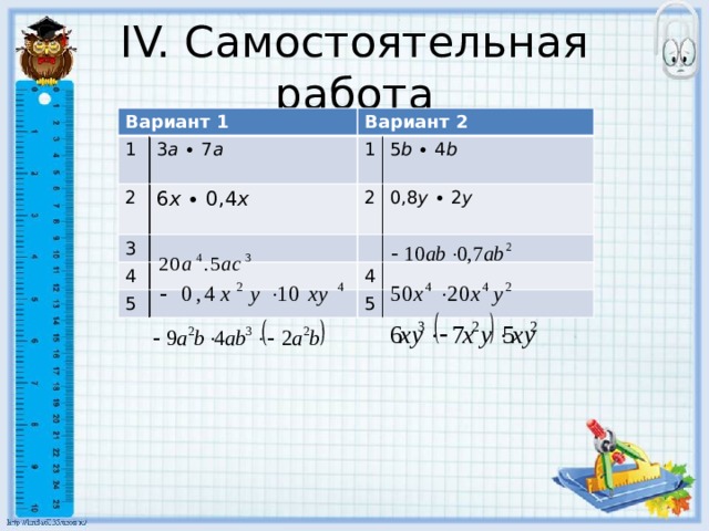 IV. Самостоятельная работа Вариант 1 1 Вариант 2 3 a ∙ 7 a 2 1 6 x ∙ 0,4 x 3 5 b ∙ 4 b 2 4 5 0,8 y ∙ 2 y 4 5 