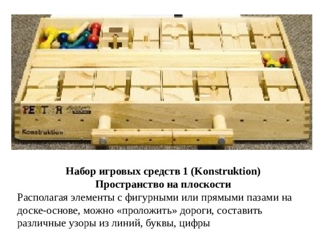 Набор игровых средств 1 (Konstruktion) Пространство на плоскости Располагая элементы с фигурными или прямыми пазами на доске-основе, можно «проложить» дороги, составить различные узоры из линий, буквы, цифры 