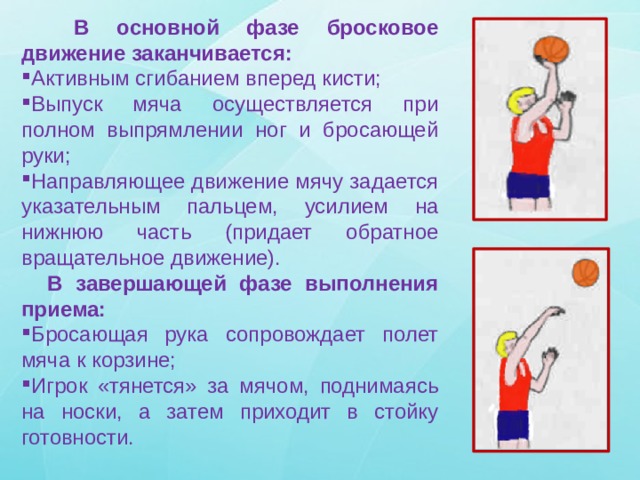  В основной фазе бросковое движение заканчивается: Активным сгибанием вперед кисти; Выпуск мяча осуществляется при полном выпрямлении ног и бросающей руки; Направляющее движение мячу задается указательным пальцем, усилием на нижнюю часть (придает обратное вращательное движение).  В завершающей фазе выполнения приема: Бросающая рука сопровождает полет мяча к корзине; Игрок «тянется» за мячом, поднимаясь на носки, а затем приходит в стойку готовности. 