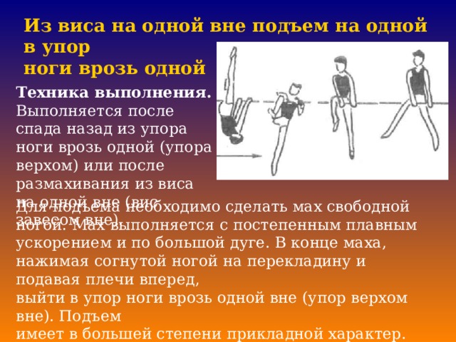 Как пишется подьем или подъем. Подъему на одной в упоре ноги врозь из виса на одной. Подъём правой в упор ноги врозь. Оборот вперед в упоре ноги врозь правой. Перемах ноги врозь.