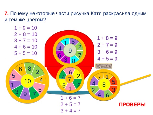 1 1 1 1 1 7. Почему некоторые части рисунка Катя раскрасила одним и тем же цветом? 1 + 9 = 10 2 + 8 = 10 1 + 8 = 9 1 + 8 = 9 3 + 7 = 10 5 5 1 1 2 + 7 = 9 2 + 7 = 9 2 2 4 + 6 = 10 4 9 9 4 3 + 6 = 9 3 + 6 = 9 5 + 5 = 10 7 7 6 6 4 + 5 = 9 4 + 5 = 9 3 3 8 8 8 6 2 6 5 2 1 1 4 7 7 10 7 4 5 5 8 8 4 4 1 3 5 1 5 3 3 2 2 3 9 7 4 4 6 6 1 + 6 = 7 2 + 5 = 7 ПРОВЕРЬ! ПРОВЕРЬ! 3 + 4 = 7 13 