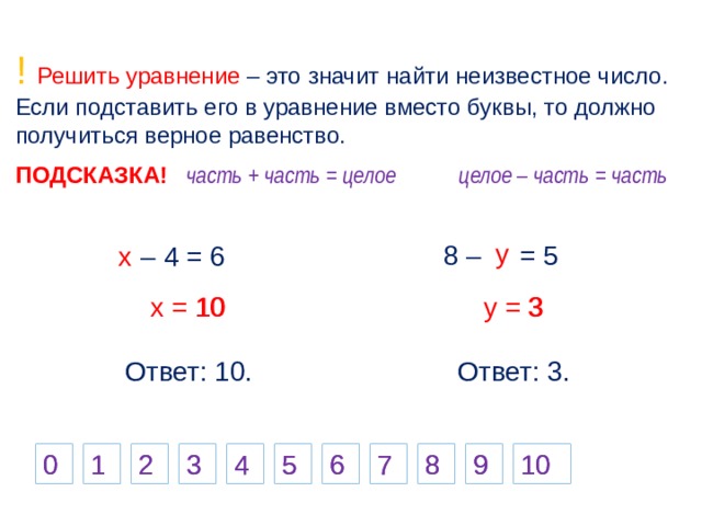 Решить уравнение значит. Математика 1 класс уравнения с неизвестным. Как найти неизвестное число в уравнении. Целое и части в уравнении. Решение уравнений целое и часть.