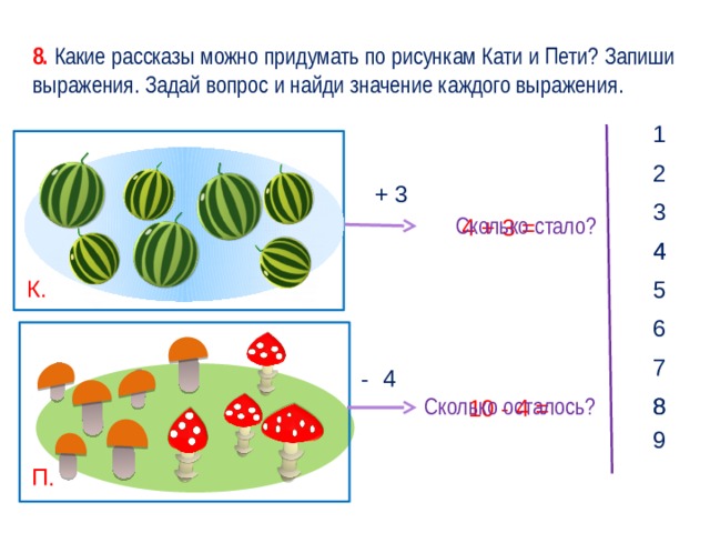 8. Какие рассказы можно придумать по рисункам Кати и Пети? Запиши выражения. Задай вопрос и найди значение каждого выражения. 1 2 + 3 3 Сколько стало? 4 + 3 = 4 4 К. 5 6 7 - 4 Сколько осталось? 8 8 10 - 4 = 9 П. 