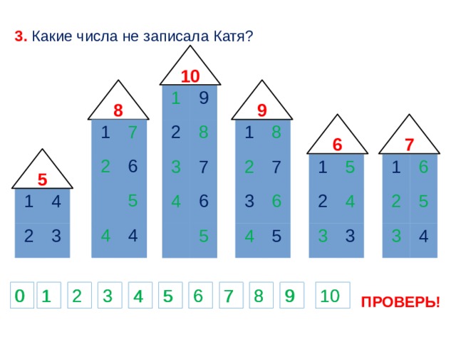 3. Какие числа не записала Катя? 10 8 9 1 2 9 2 9 8 3 4 7 7 6 6 5 5 6 7 1 7 2 6 5 4 4 1 1 2 8 7 6 3 3 4 6 5 4 5 1 1 2 2 6 5 3 3 5 4 4 3 1 2 4 3 0 0 5 10 9 7 1 2 3 4 6 8 5 10 7 1 2 3 4 6 8 9 ПРОВЕРЬ! 