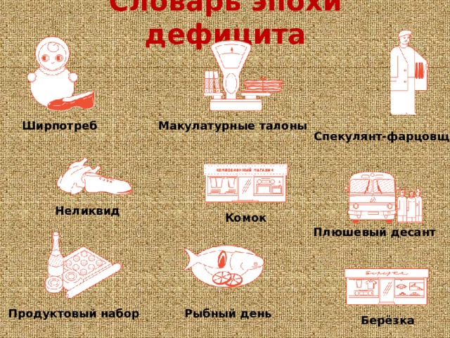 Словарь эпохи дефицита Ширпотреб Макулатурные талоны Спекулянт-фарцовщик Неликвид Комок Плюшевый десант Продуктовый набор Рыбный день Берёзка 