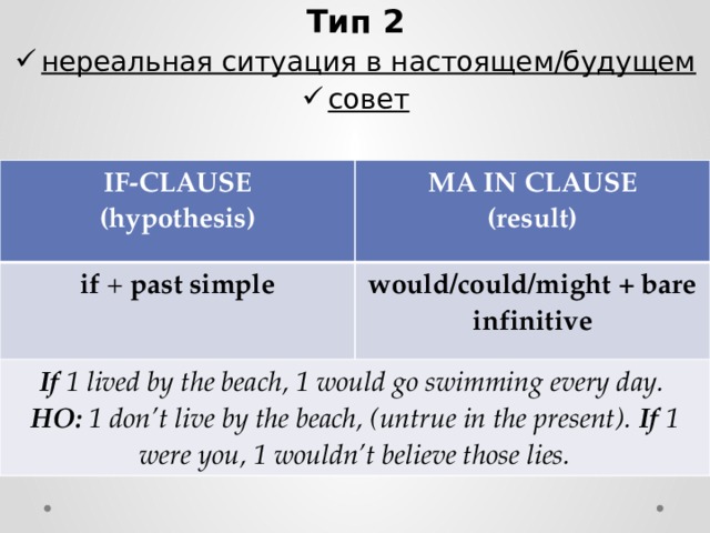 Тип 2 нереальная ситуация в настоящем/будущем совет  IF-CLAUSE (hypothesis) MA IN CLAUSE if + past simple (result) would/could/might + bare  If 1 lived by the beach, 1 would go swimming every day. infinitive  HO: 1 don’t live by the beach, (untrue in the present). If 1 were you, 1 wouldn’t believe those lies. 