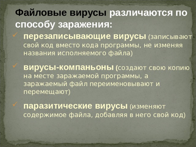 Файловый вирус. Файловые вирусы. Способы заражения файловых вирусов. Перезаписывающие вирусы.