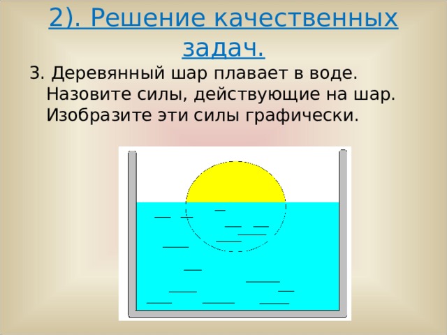 2). Решение качественных задач. 3. Деревянный шар плавает в воде. Назовите силы, действующие на шар. Изобразите эти силы графически. 3. Деревянный шар плавает в воде. Назовите силы, действующие на шар. Изобразите эти силы графически. 