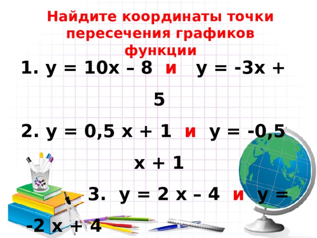 Найдите координаты точки пересечения графиков функции 1. y = 10x – 8  и  y = -3x + 5 2. у = 0,5 х + 1 и у = -0,5 х + 1  3. у = 2 х – 4 и у = -2 х + 4    