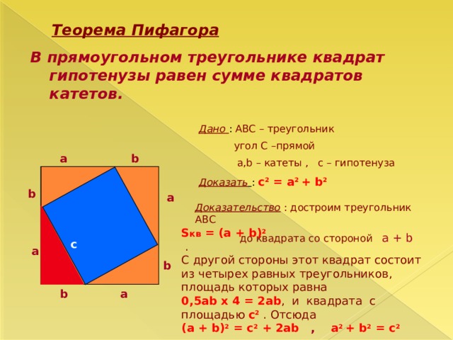 Теорема Пифагора В прямоугольном треугольнике квадрат гипотенузы равен сумме квадратов катетов.  Дано  : ABC – треугольник  угол С –прямой  a,b – катеты , c – гипотенуза Доказать  : с 2 = a 2 + b 2 b a b a Доказательство  : достроим треугольник ABC  до квадрата со стороной a + b  S кв = (a + b) 2   . С другой стороны этот квадрат состоит из четырех равных треугольников, площадь которых равна 0,5ab x 4 = 2ab , и квадрата с площадью с 2 . Отсюда (a + b) 2 = c 2 + 2ab , a 2 + b 2 = c 2 c c a b b a 
