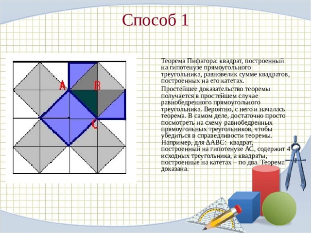 Способ 1   Теорема Пифагора: квадрат, построенный на гипотенузе прямоугольного треугольника, равновелик сумме квадратов, построенных на его катетах. Простейшее доказательство теоремы получается в простейшем случае равнобедренного прямоугольного треугольника. Вероятно, с него и началась теорема. В самом деле, достаточно просто посмотреть на схему равнобедренных прямоугольных треугольников, чтобы убедиться в справедливости теоремы. Например, для ∆АВС: квадрат, построенный на гипотенузе АС, содержит 4 исходных треугольника, а квадраты, построенные на катетах – по два. Теорема доказана. 