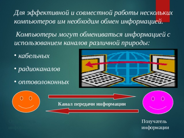 Для эффективной и совместной работы нескольких компьютеров им необходим обмен информацией.  Компьютеры могут обмениваться информацией с использованием каналов различной природы:  кабельных  радиоканалов  оптоволоконных Канал передачи информации Получатель информации Отправитель информации 