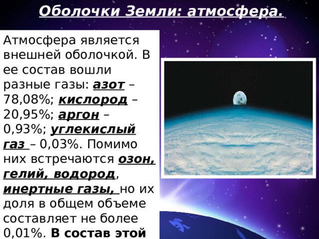 Оболочки Земли: атмосфера. Атмосфера является внешней оболочкой. В ее состав вошли разные газы: азот – 78,08%; кислород – 20,95%; аргон – 0,93%; углекислый газ – 0,03%. Помимо них встречаются озон, гелий, водород , инертные газы, но их доля в общем объеме составляет не более 0,01%. В состав этой оболочки Земли также входит пыль и водяной пар . 