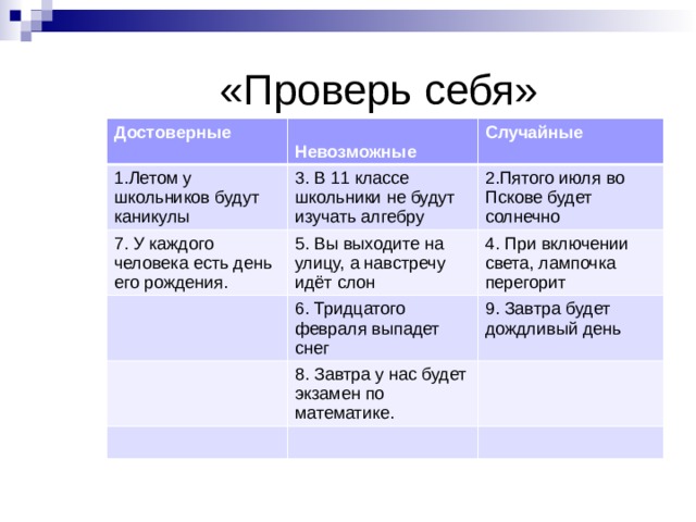 Презентация достоверные невозможные и случайные события 5 класс