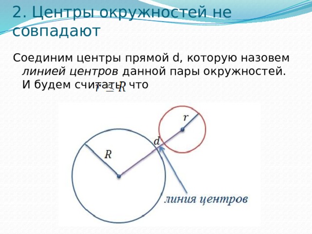 2. Центры окружностей не совпадают Соединим центры прямой d, которую назовем линией центров данной пары окружностей. И будем считать, что 