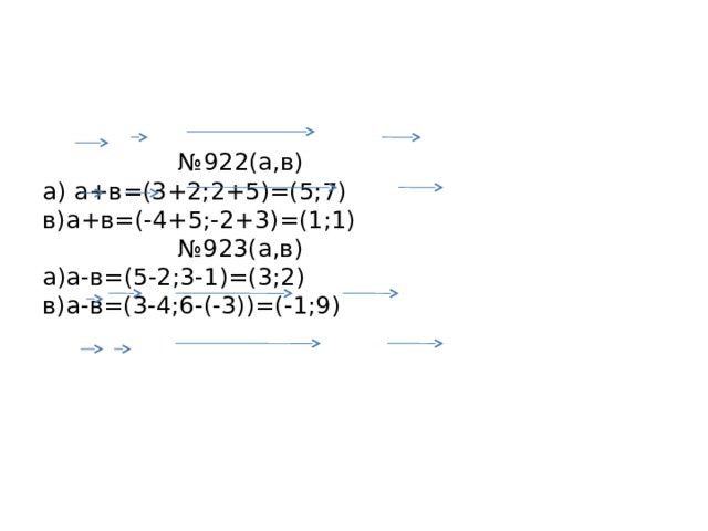     № 922(а,в)  а) а+в=(3+2;2+5)=(5;7)  в)а+в=(-4+5;-2+3)=(1;1)  №923(а,в)  а)а-в=(5-2;3-1)=(3;2)  в)а-в=(3-4;6-(-3))=(-1;9)      