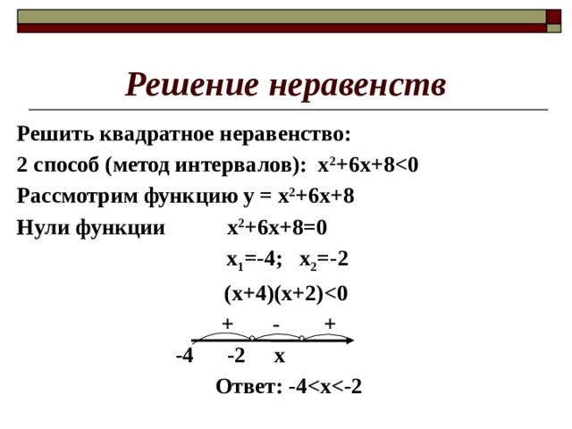 Решение неравенств Решить квадратное неравенство: 2 способ (метод интервалов): х 2 +6х+8 Рассмотрим функцию у = х 2 +6х+8 Нули функции  х 2 +6х+8=0  х 1 =-4; х 2 =-2 (x+4)(x+2)  + - +     -4 -2  x  Ответ: -4         