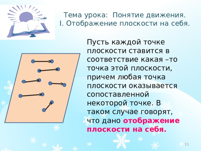 Тема урока: Понятие движения.  I. Отображение плоскости на себя. Пусть каждой точке плоскости ставится в соответствие какая –то точка этой плоскости, причем любая точка плоскости оказывается сопоставленной некоторой точке. В таком случае говорят, что дано отображение плоскости на себя.  