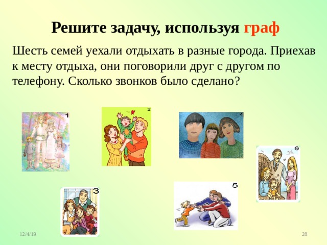  Решите задачу, используя граф Шесть семей уехали отдыхать в разные города. Приехав к месту отдыха, они поговорили друг с другом по телефону. Сколько звонков было сделано? 