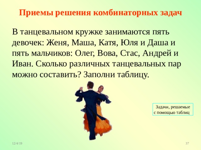  Приемы решения комбинаторных задач В танцевальном кружке занимаются пять девочек: Женя, Маша, Катя, Юля и Даша и  пять мальчиков: Олег, Вова, Стас, Андрей и Иван. Сколько различных танцевальных пар можно составить? Заполни таблицу. Задачи, решаемые с помощью таблиц  