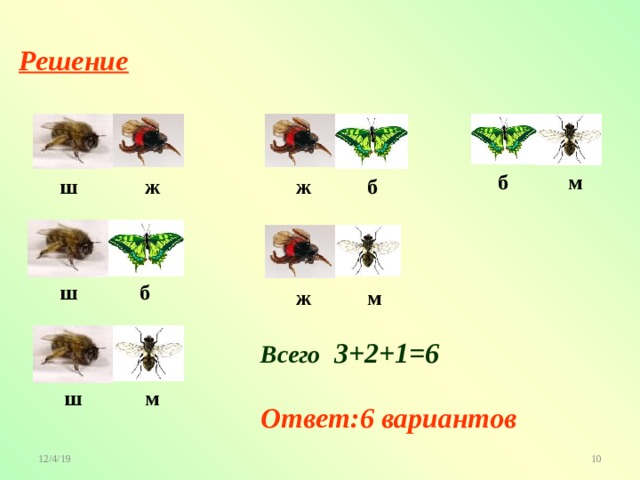 Решение м б б ж ж ш б ш м ж Всего 3+2+1=6 ш м Ответ:6 вариантов 