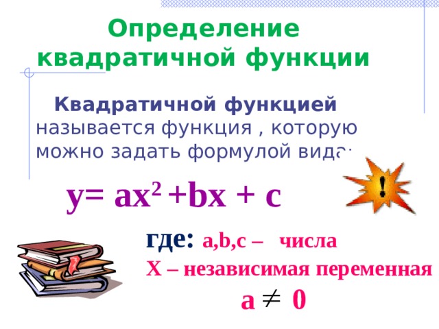Определение квадратичной функции Квадратичной функцией называется функция , которую можно задать формулой вида : y= ax 2 +bx + c где: a,b,c – числа Х – независимая переменная  а 0  