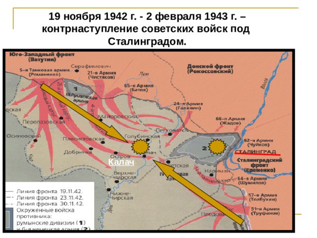   19 ноября 1942 г. - 2 февраля 1943 г. – контрнаступление советских войск под Сталинградом.   Калач 