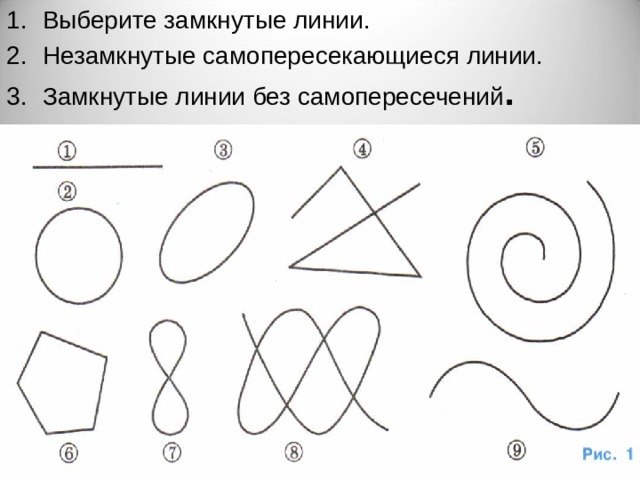 Выберите замкнутые линии. Незамкнутые самопересекающиеся линии. Замкнутые линии без самопересечений . 