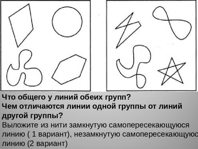 Что общего у линий обеих групп? Чем отличаются линии одной группы от линий другой группы? Выложите из нити замкнутую самопересекающуюся линию ( 1 вариант), незамкнутую самопересекающуюся линию (2 вариант) 