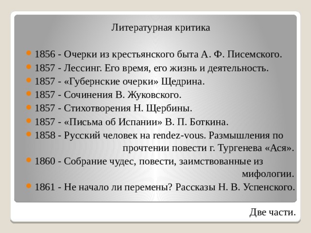 Литературная критика 1856 - Очерки из крестьянского быта А. Ф. Писемского. 1857 - Лессинг. Его время, его жизнь и деятельность. 1857 - «Губернские очерки» Щедрина. 1857 - Сочинения В. Жуковского. 1857 - Стихотворения Н. Щербины. 1857 - «Письма об Испании» В. П. Боткина. 1858 - Русский человек на rendez-vous. Размышления по  прочтении повести г. Тургенева «Ася». 1860 - Собрание чудес, повести, заимствованные из  мифологии. 1861 - Не начало ли перемены? Рассказы Н. В. Успенского.  Две части. 