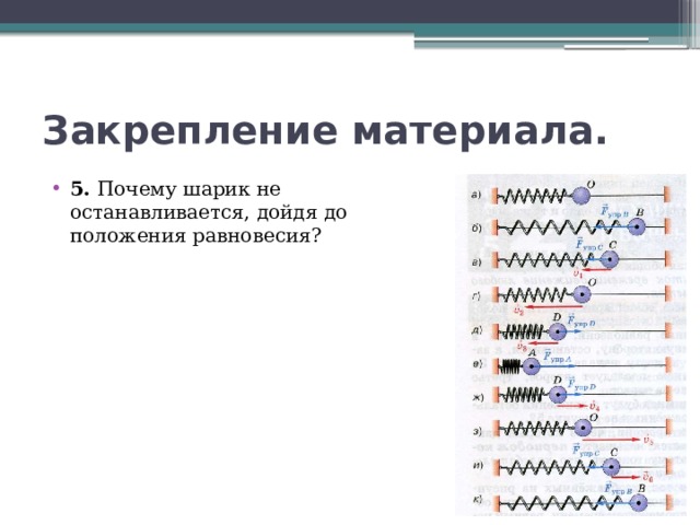 Закрепление материала. 5. Почему шарик не останавливается, дойдя до положения равновесия? 