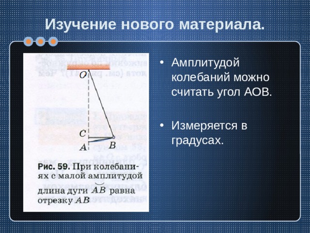Изучение нового материала. Амплитудой колебаний можно считать угол AOB. Измеряется в градусах. 