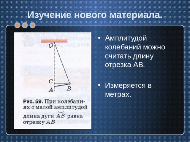 Изучение нового материала. Амплитудой колебаний можно считать длину отрезка AB. Измеряется в метрах. 