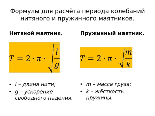 Период колебаний колебательного. Формула для расчета периода колебаний пружинного маятника. Период пружинного маятника формула. Период колебаний пружины формула. Формула для определения колебания пружинного маятника.