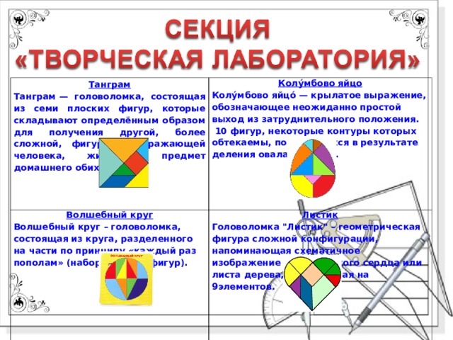 Танграм Танграм — головоломка, состоящая из семи плоских фигур, которые складывают определённым образом для получения другой, более сложной, фигуры (изображающей человека, животное, предмет домашнего обихода. Колу́мбово яйцо Колу́мбово яйцо́ — крылатое выражение, обозначающее неожиданно простой выход из затруднительного положения.  10 фигур, некоторые контуры которых обтекаемы, получившихся в результате деления овала на части.     Волшебный круг Волшебный круг – головоломка, состоящая из круга, разделенного на части по принципу «каждый раз пополам» (набор из 10-ти фигур).  Листик Головоломка 