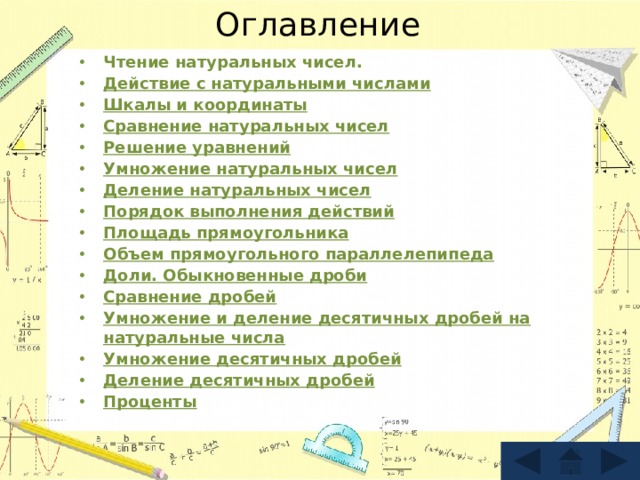 Оглавление Чтение натуральных чисел. Действие с натуральными числами Шкалы и координаты Сравнение натуральных чисел Решение уравнений Умножение натуральных чисел Деление натуральных чисел Порядок выполнения действий Площадь прямоугольника Объем прямоугольного параллелепипеда Доли. Обыкновенные дроби Сравнение дробей Умножение и деление десятичных дробей на натуральные числа Умножение десятичных дробей Деление десятичных дробей Проценты 