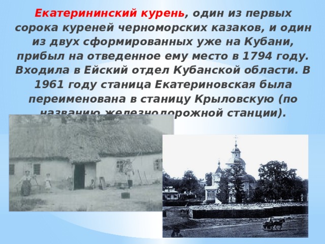 Екатерининский курень , один из первых сорока куреней черноморских казаков, и один из двух сформированных уже на Кубани, прибыл на отведенное ему место в 1794 году. Входила в Ейский отдел Кубанской области. В 1961 году станица Екатериновская была переименована в станицу Крыловскую (по названию железнодорожной станции). 