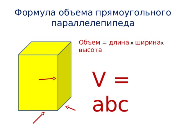 Формула объема прямоугольного параллелепипеда Объем  = длина  х  ширина х высота V = abc 